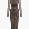 Wave Mock Neck Mesh Long Sleeve Maxi Dress>MICAS Outlet