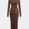 Wrap Ruched High Neck Long Sleeve Maxi Dress>MICAS Online