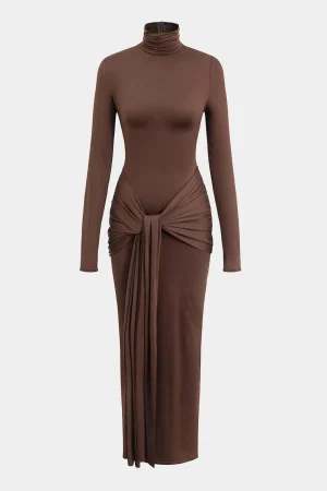 Wrap Ruched High Neck Long Sleeve Maxi Dress>MICAS Online