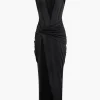 Wrap Ruched Slit Deep V-neck Sleeveless Maxi Dress>MICAS Online