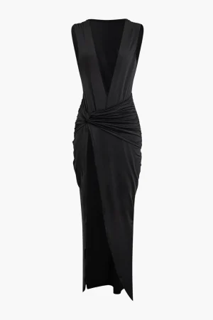 Wrap Ruched Slit Deep V-neck Sleeveless Maxi Dress>MICAS Online