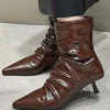 Wrinkled Faux Leather Pointed Ankle Boots>MICAS New
