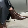 Wrinkled Faux Leather Pointed Ankle Boots>MICAS New