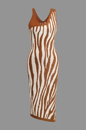 Zebra Print Asymmetrical Midi Dress>MICAS New