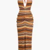 Zigzag Stripe Halter Backless Knit Maxi Dress>MICAS Hot