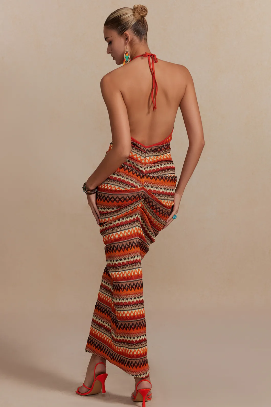 Zigzag Stripe Halter Backless Knit Maxi Dress>MICAS Hot