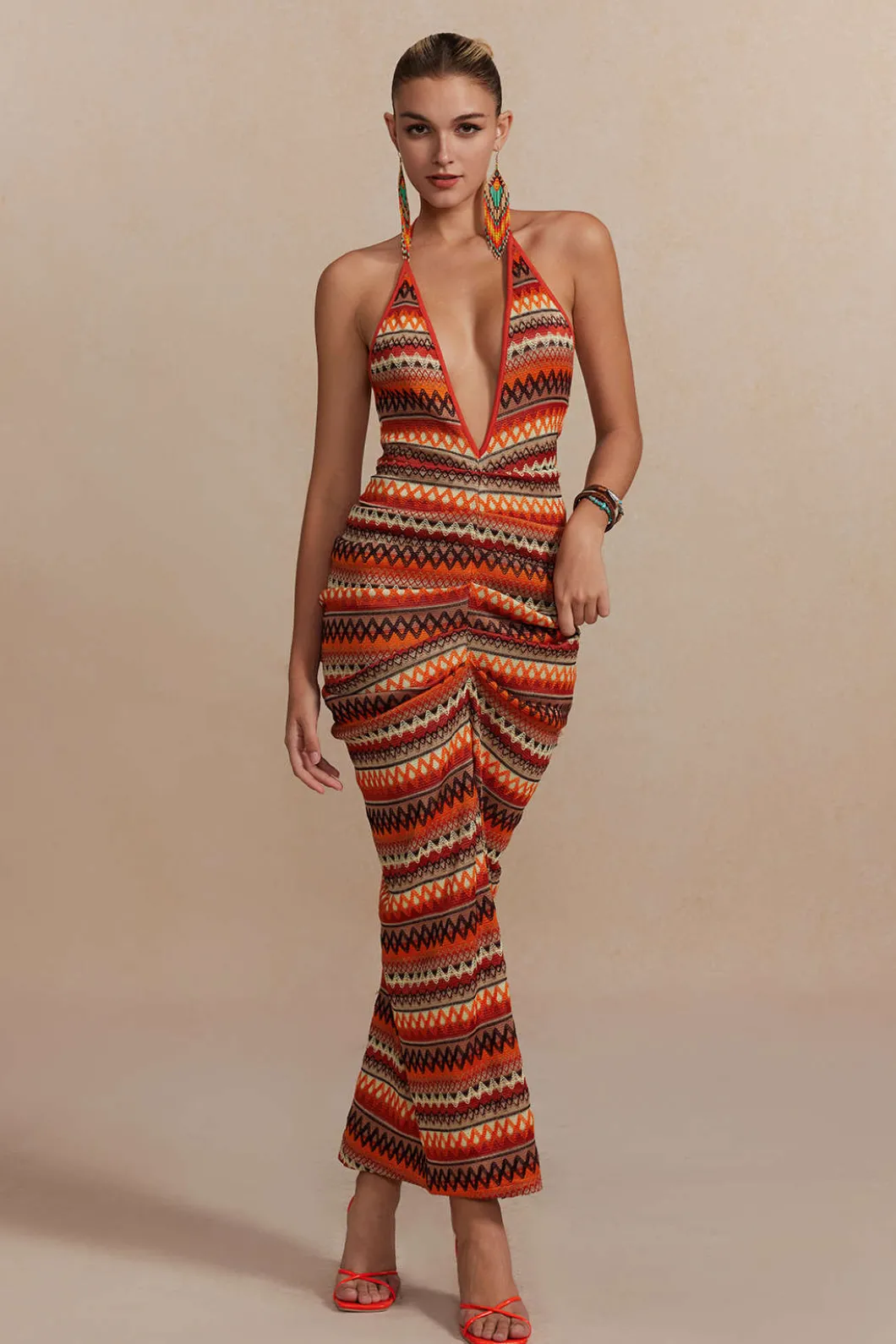 Zigzag Stripe Halter Backless Knit Maxi Dress>MICAS Hot