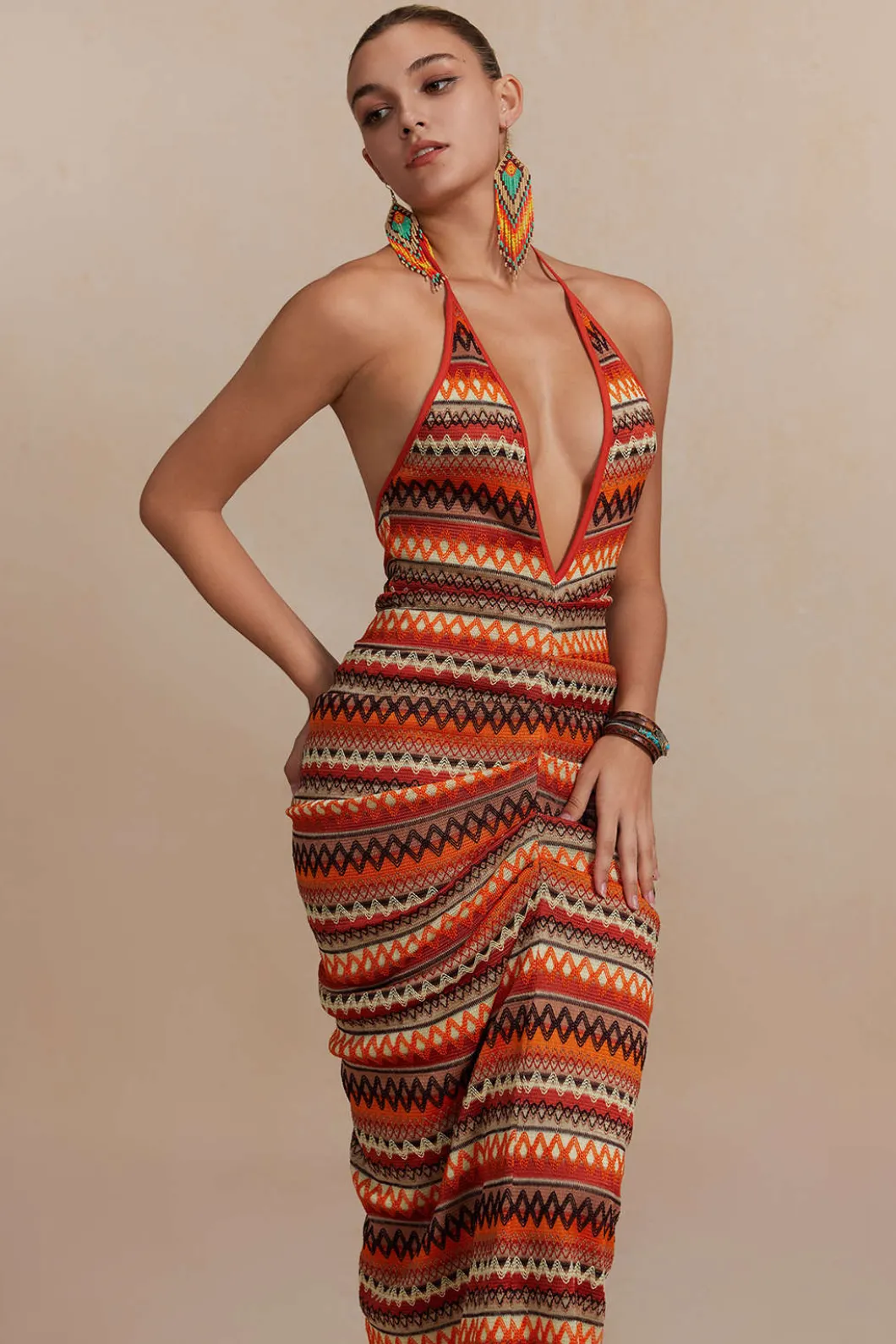 Zigzag Stripe Halter Backless Knit Maxi Dress>MICAS Hot
