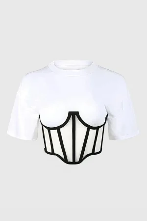 Zipper Short Sleeve Round Neck Corset Waist T-Shirt>MICAS Outlet